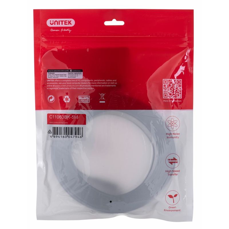 UNITEK HDMI 2.0 CABLE 4K60HZ, FLAT, 5M, C11063BK-5M Kable i adaptery/Kable HDMI Your Sports Performance