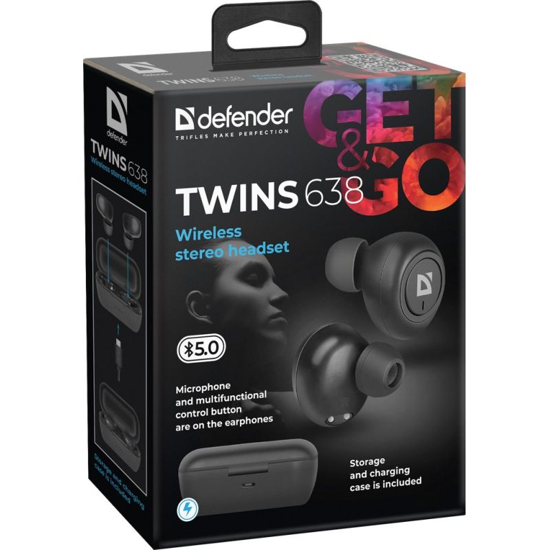 DEFENDER WIRELESS HEADPHONES WITH MICROPHONE "TWS" TWINS 638 BLACK 63638 In preparation Your Sports Performance