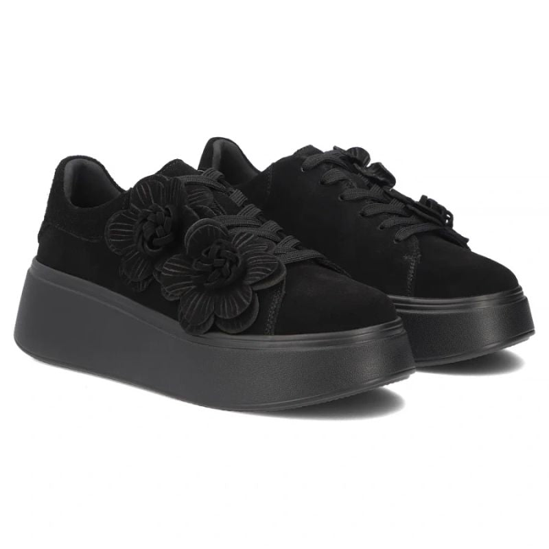 Women's leather sneakers on a platform with flowers, suede, black Filippo DP8113