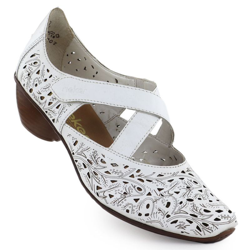 Women's leather openwork high-heeled shoes, white, Rieker 43773-80 To be categorized Your Sports Performance