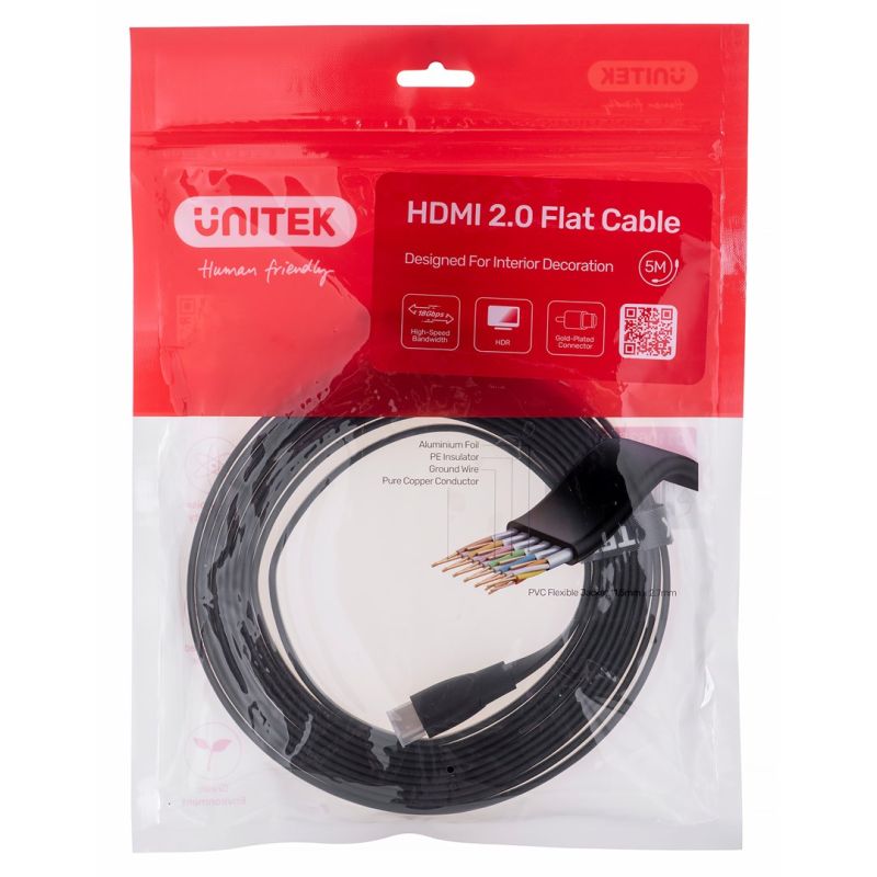 UNITEK HDMI 2.0 CABLE 4K60HZ, FLAT, 5M, C11063BK-5M Kable i adaptery/Kable HDMI Your Sports Performance