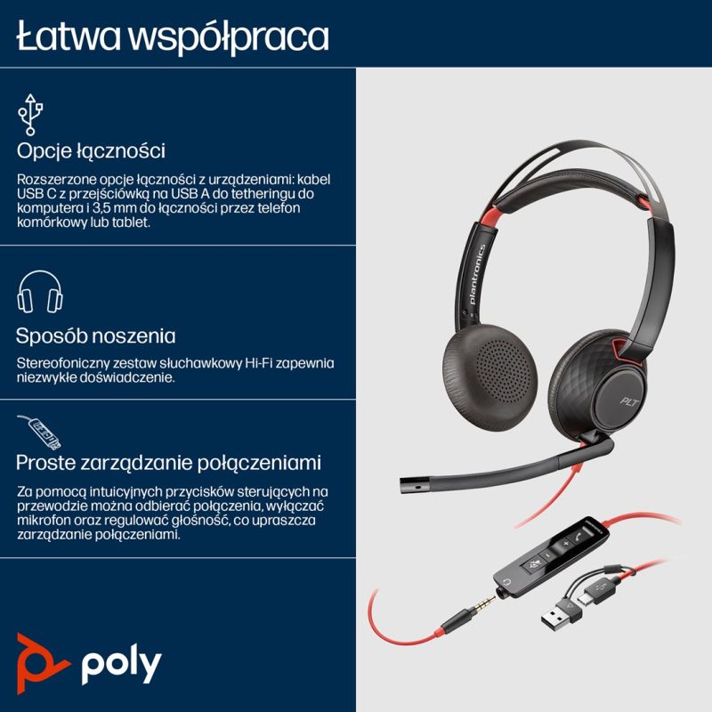 POLY Blackwire 5220 8X231AA Over-Ear Headphones Akcesoria GSM/Słuchawki przewodowe Your Sports Performance