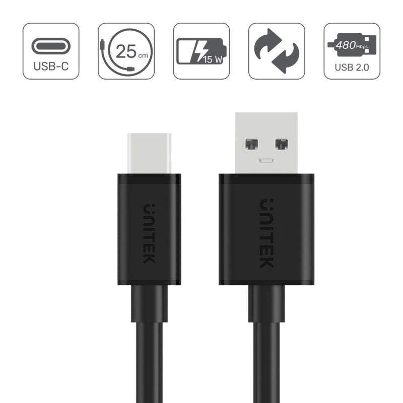 UNITEK USB CABLE USB-A - USB-C 25CM, Y-C480BK In preparation Your Sports Performance