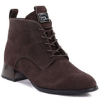 Women's leather ankle boots with high heels, suede, dark brown, Vinceza FIO27-67036