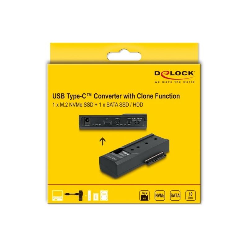 Delock - Memory Controller - Clone Function - 2.5", 3.5", M.2 (6.4 cm, 8.9 cm) - M.2 Card (PCIe NVMe and SATA) / SATA SSD - USB-C 3.2 (Gen 2x1) Kable i adaptery/Adaptery, przejściówki Your Sports Performance